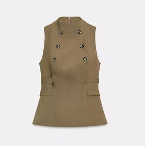 Zara Khaki Sleeveless Vest with Button Accents
